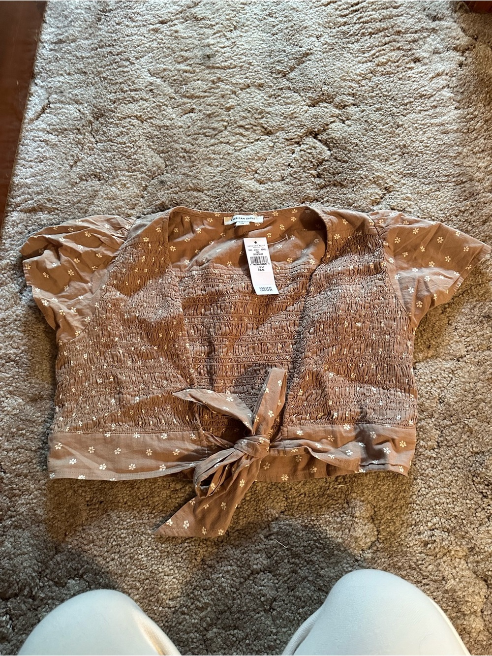 American Eagle Outfitters Brown Floral Tie-Front Smocked Crop Top